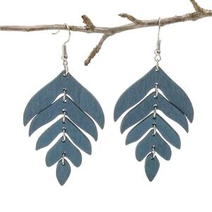 Blue - Leaf Feather Wooden Drop Geometric Earrings